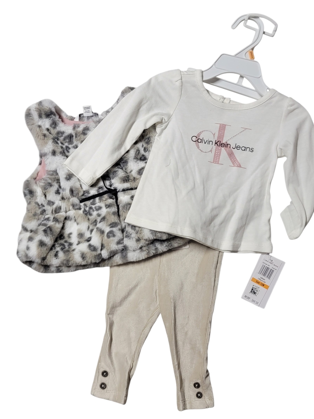 Calvin Klein Jeans Girls Cream Top, Leopard Faux-Fur Vest & Tan Leggings Set